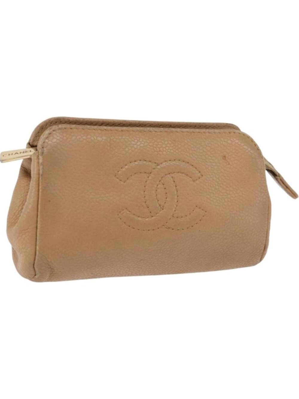 CHANEL COCO Mark Pouch Grained Calf Skin Beige Gold Tone CC